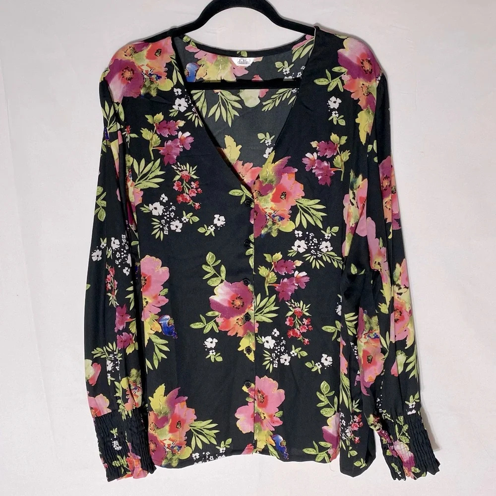 Dalin Black Pink Floral V Neck Button Front Blouse 3X